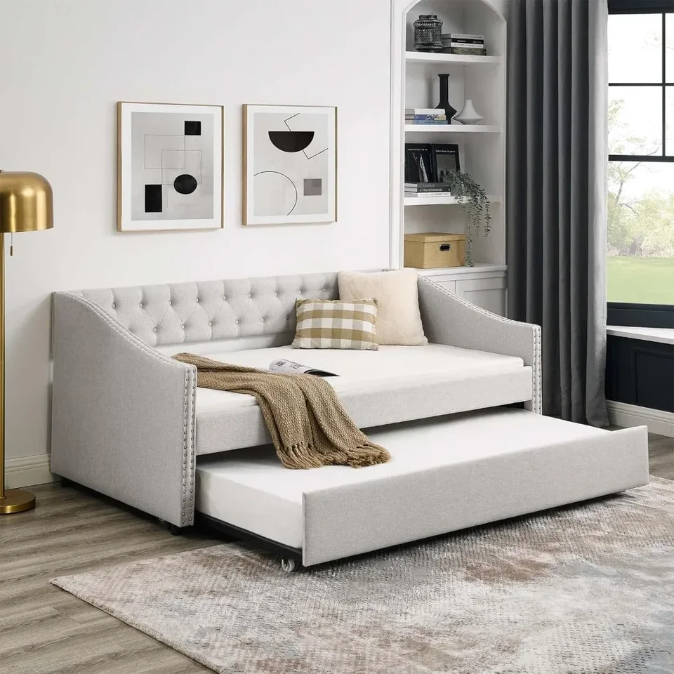 Denné moderné zamatové čalúnené dvojité dni Deň postele gombíka TUFTED Pohovka Denný rámec a trón