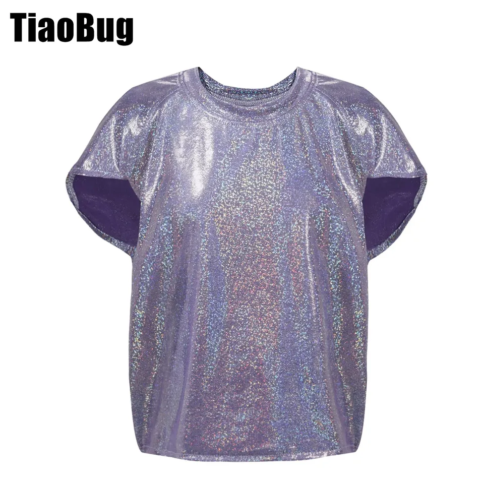 Denné tanečné tričko Girls Boys Batwing Ruckve Metallic Tops roztlieskavacie pódium Performance Costy