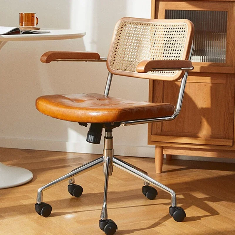 Denník Staroveký ratan tkané počítačové kreslo domáca kancelária Nordic Retro zdvíhanie otáčanie Universal Wheel Room Casual Game Stolička
