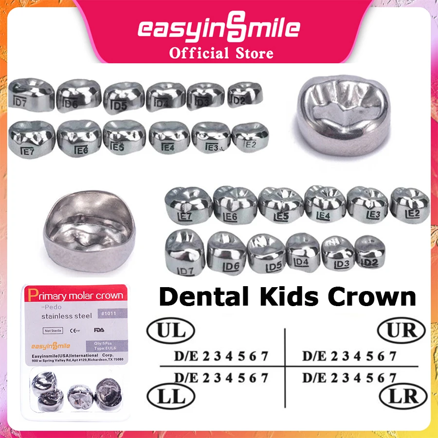 Dental Crown Kids Primárna molárna koruna zuby z nehrdzavejúcej ocele Dočasné korunky zubného lekára pre hornú/dolnú ľavú/pravú 5ks
