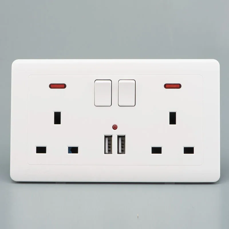 DePoguye 146 mm * 86 mm, zásuvka s duálnym panelom USB2.1A, britský štandardný držiak na prepínač 13A, indikátor LED, ON/OFF