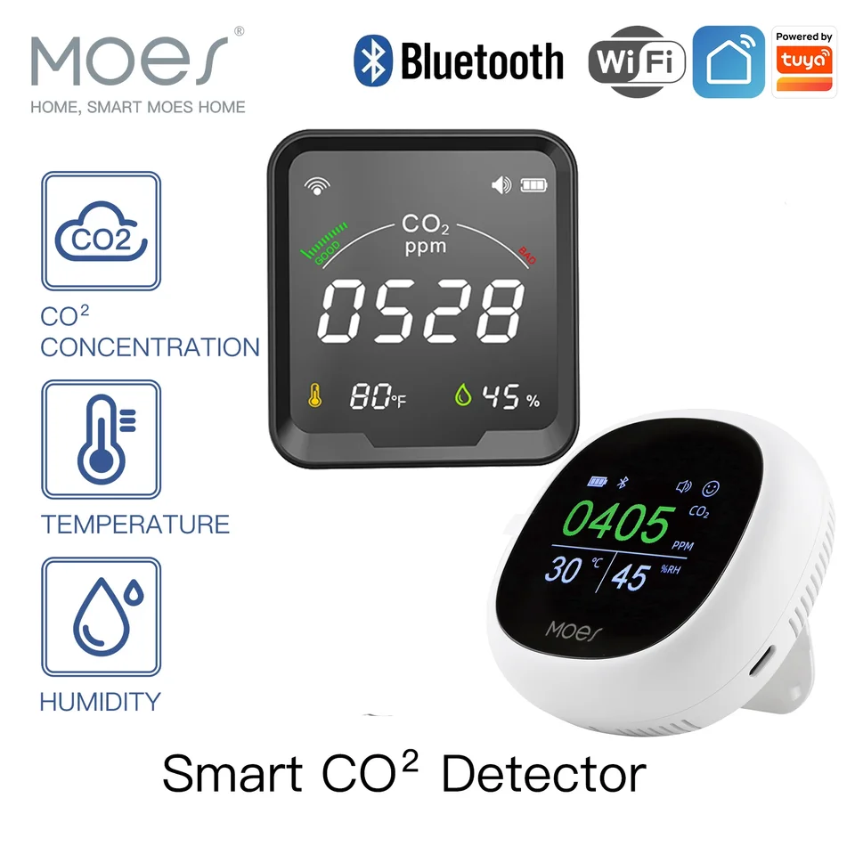 Detektor oxidu uhličitého v kvalite MOES s budíkom, monitor teploty, tester vzduchu vlhkosti, WiFi/BT, Tuya Smart, 3 v 1, CO2