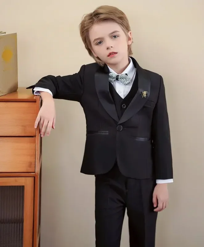 Deti Black Piano fotografia Suit Flower Boys Bunda Pants Pants 3ks Svadobné šaty Prince Kids Tuxedo Set promócie kostým