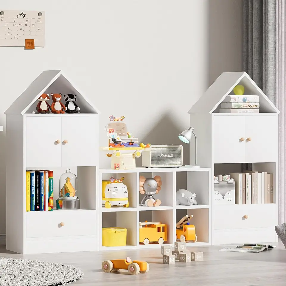 Deti Bookshelf and Storage Organizátor, knižnica a knižnica so 6 kockymi úložných priestorov a priestranná horná polička, 2 dom v tvare domu
