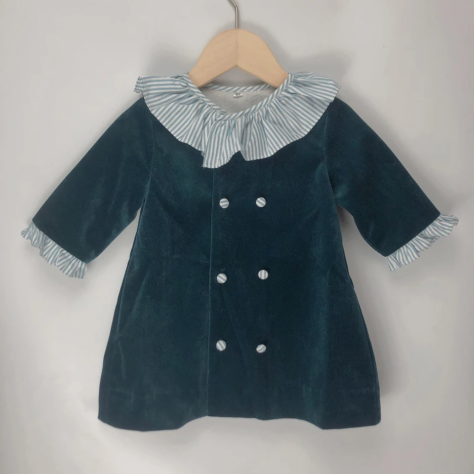 Deti butikové španielske oblečenie dievčatá Green Velvet Half Ruckve Dress Lotus Leaf Golier Princess Formálne šaty A-line Veľká noc