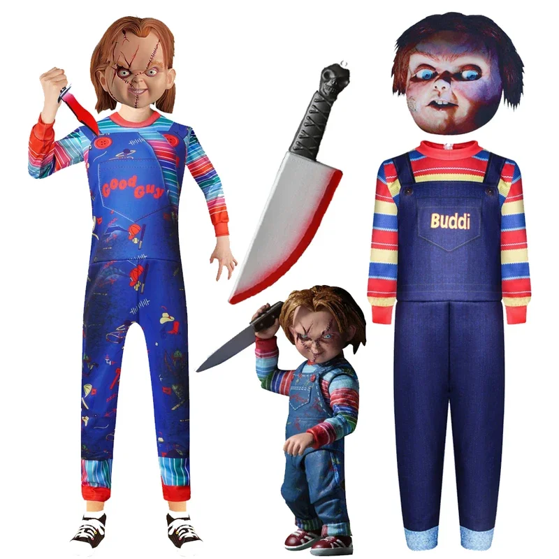 Deti Chucky Cosplay kostýmy duchovné bábiky plné maska ​​plastový nôž Halloween Horor kostýmy Nočná mora pre dievčatá festival