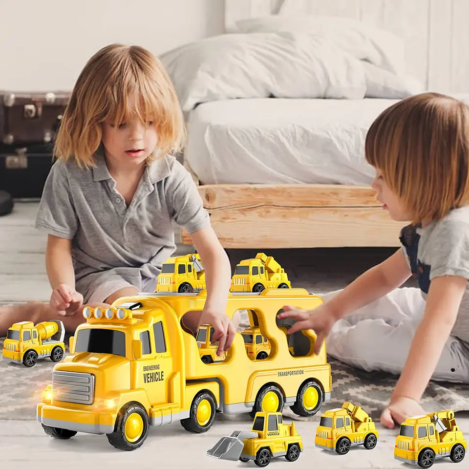 Deti Diecast Carrier Truck Hray Fire Engineer Engineering Excavator Vozidlá lietadlo Plastové nákladné vozidlá súpravy