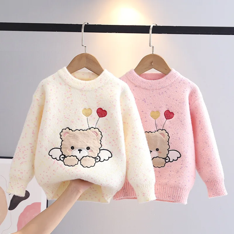 Deti dievčatká pletené svetre super roztomilé kreslené oblečenie jeseň zimné srdce vyšíva s dlhým rukávom sfarbené škvrny pullover hy11271