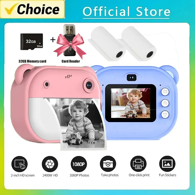 Deti Digitálny fotoaparát Okamžitý tlač pre deti Termálna tlačová kamera Instant Photo Tlač kamery Video hračky+32G pamäťová karta