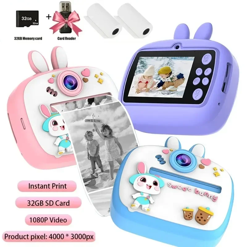 DETI digitálny fotoaparát okamžitý výtlačok pre deti Termal Print Rabbit Camera Instant Photo Tlač kamery Video hračky+32 g pamäte C