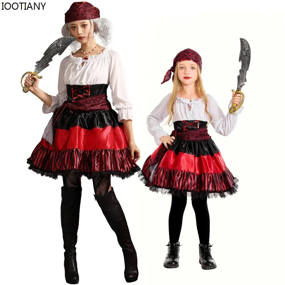 Deti dospelé červené pruhované čipky pirátske kostýmy Halloween Pirát Cosplay Performance Obliekanie Karneval Party Navigator