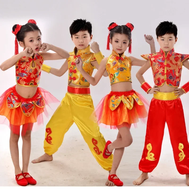 Deti Dragon Yangko Folk Dance kostýmy Moderné dievčatá Hanfu Girls Boys Lion National Wushu Kung Fu Čínsky tradičný tanečný kostým