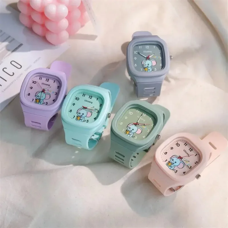 Deti Elephant Pattern Watch Square Dial študent Student hodinky nastaviteľný remienok Quartz Movement náramok k narodeninám darček
