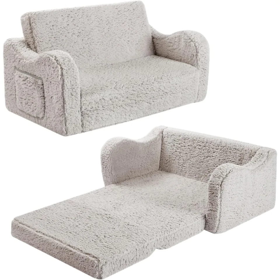Deti extra široké stoličky pre batoľa, 2-v-1 Toddler Soft Sherpa Couch zloží, kabriolet na ležadlá pre dievčatá a chlapci, šedá šedá