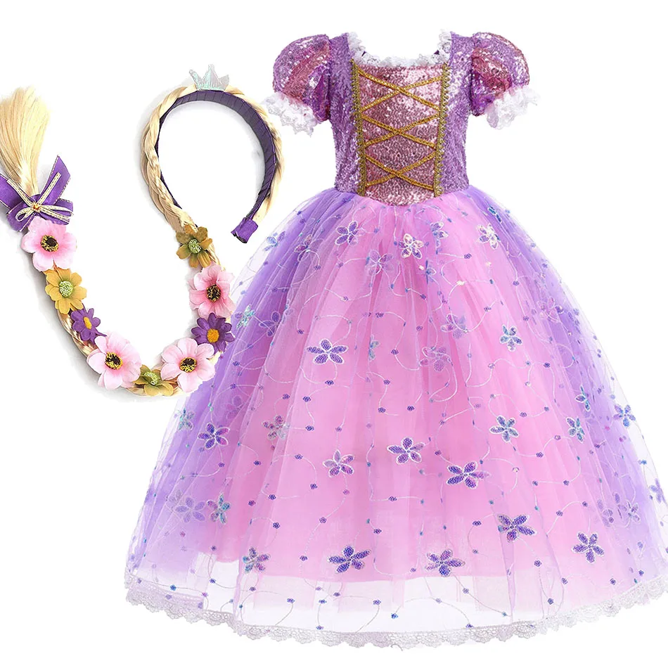 Deti Halloween kostým malé dievčatká Rapunzel kostýmové flitry fialové šaty deti princezná cosplay šaty 3 4 5 6 7 8 9 10 rokov