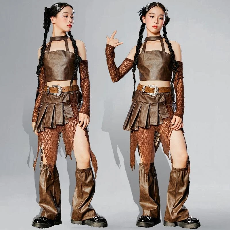 DETI Hip Hop Dance Costyes for Girls Lace Ruckve Kožené top sukne obleky módne jazz tanečný festival pódium oblečenie DQS18196