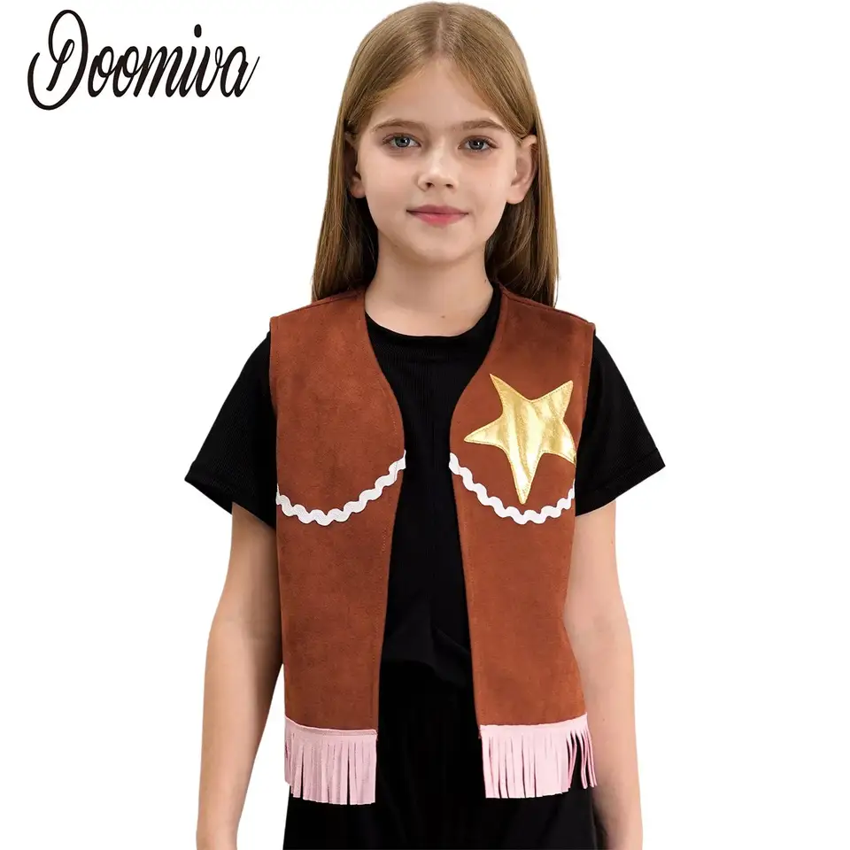 Deti kovboj okrajové vesty pre dievčatá Cool cowgirl cosplay kostým bez rukávov Otvorené predné strapce kabáty Halloween sa obliekajú