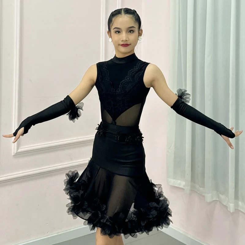Deti latinský tanečný kostým dievčatá Performance Dance Wear Feather Black Combuls Chays Cha Cha Rumba Latin Dance Dreary Dnv21990