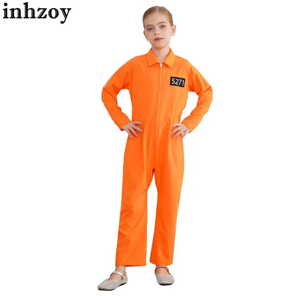 Deti s dlhými rukávmi Kostým väzňom pre chlapcov dievčatá oranžové väzenie kombinézy Halloween chovanec uniformy tematického večierku sa obliekajú