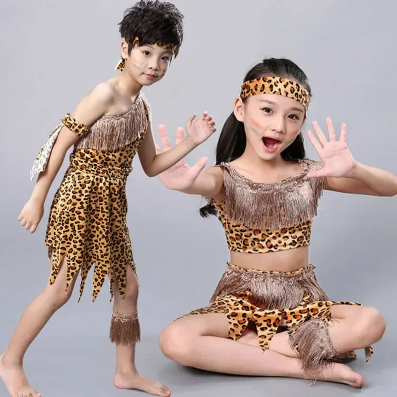 Deti Savage Caveman kostýmy chlapec Leopard African Tribal Hunter Clothing For Girl Performance Cossplay Dress
