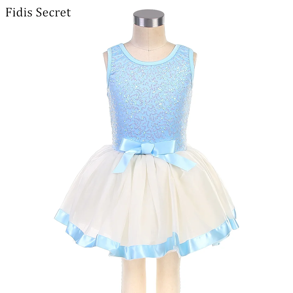 Deti Sky Blue/ Ružové flitre baletné sukňa s sukňou s bielym nafúknutím tutu, Dievčatá s javiskom Performance Dance kostýmy, detské párty šaty