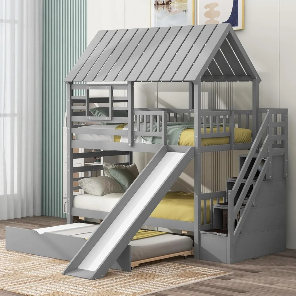 Deti Twin Over Twin Bunk Beds s posúvačom a trubnleom, rámom poschodia z masívneho dreva so schodmi a úložiskom, strechou a oknom pre deti