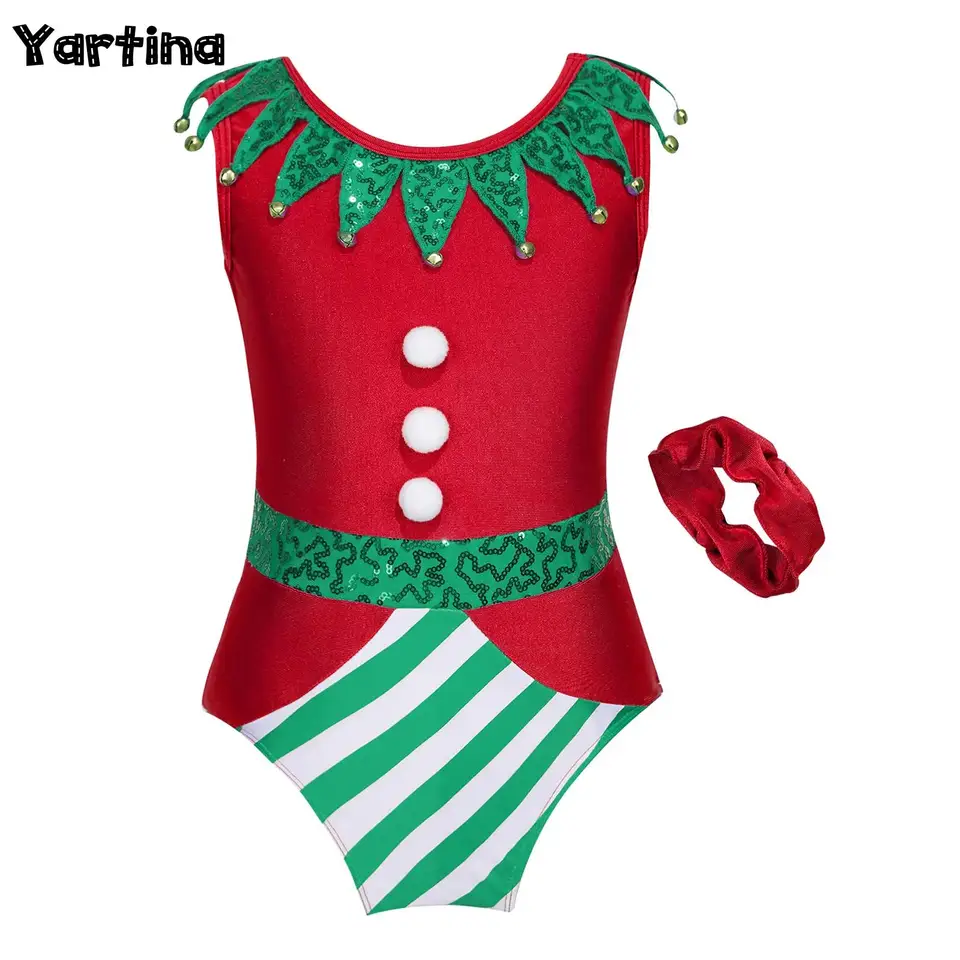 Deti vianočné Santa Claus Elf cosplay outfit Gymnastics Balet kostýmy kombinézy zvončeka pom pom