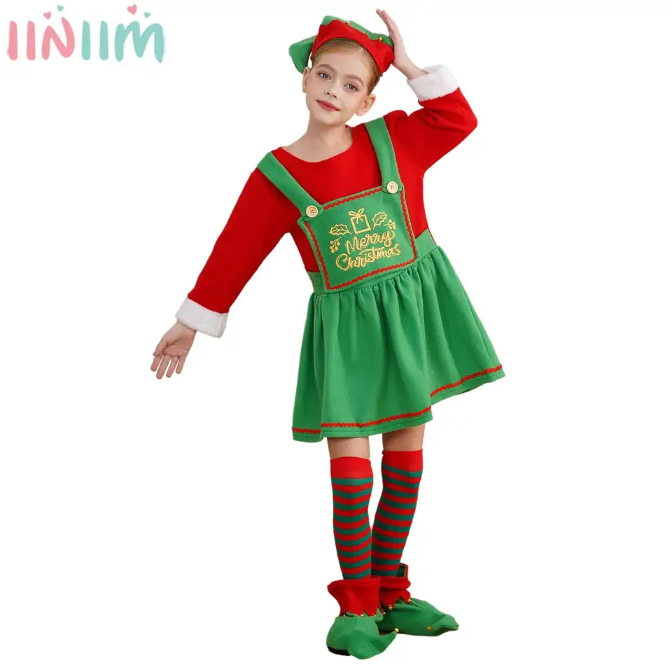 Deti vianočný outfit Xmas Elf Cosplay kostýmy šaty BodySuit s klobúkovou obuvou pruhované pančuchy novoročné párty halloweenské oblečenie