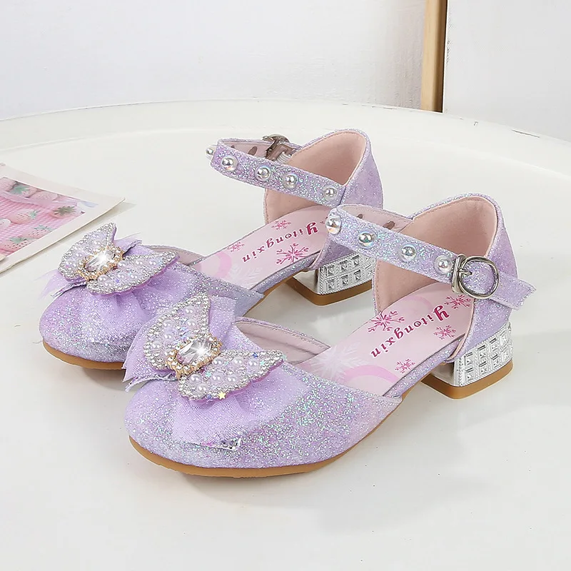 Deti vysoké podpätky sladké bling flitry dievča princezná topánky módne batoľatá krištáľové jediná topánky Elegantné sandále