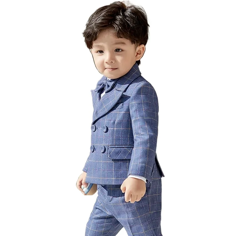 Detská jarná kockovaná šaty obleky detského klavíra Hostiteľa výkonnosť narodeniny Photography kostým deti Blazer Vest Pants Bowtie Outfit