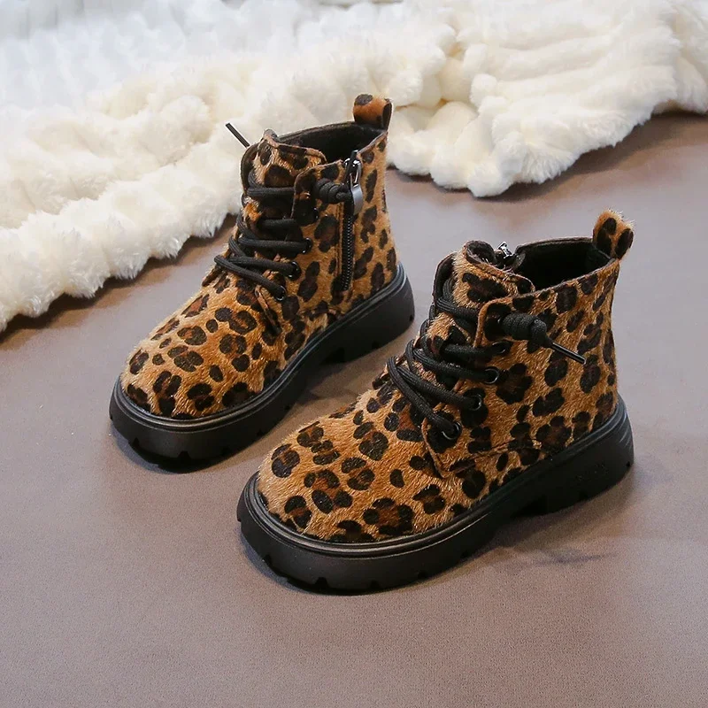 Detská platforma členok topánky Trend leopard tlačený zimný topánky pre dievčatá módne okrúhle nohavice Príčinné detské módne bavlnené topánky