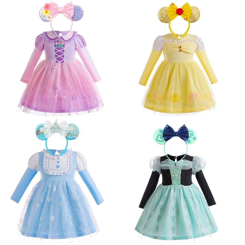 Detská princezná šaty pre dievčatá malé dieťa s dlhým rukávom šaty Rapunzel Belle Frozen Elsa Anna detské kostýmy Halloween Mesh Šaty