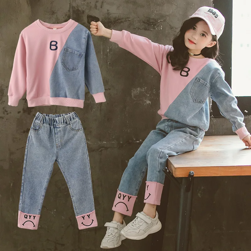 Detské a dievčatá bavlnené kontrasty Patchwork abecedná makina+džínsové nohavičky Cvičenie Set School Kids Tracksuit Child Outfit 3-14 rokov