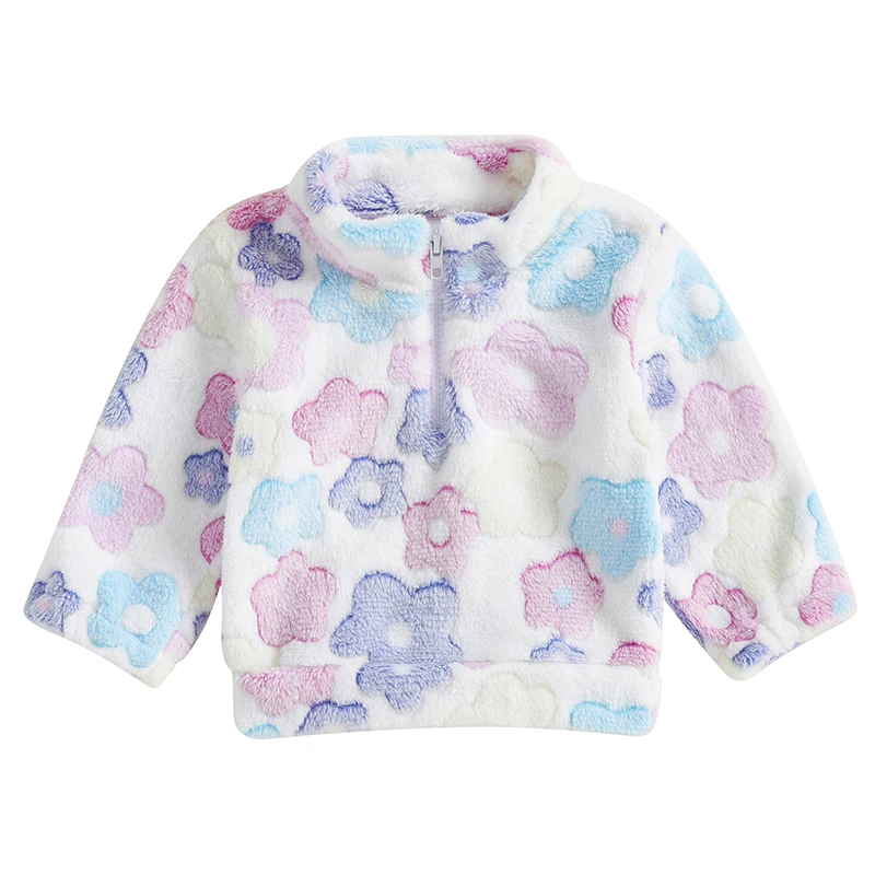 Detské dievča fleece bunda Ľahká kvetinová tlač Winter Warm Warm 1 2 Zips s dlhým rukávom pre dojča