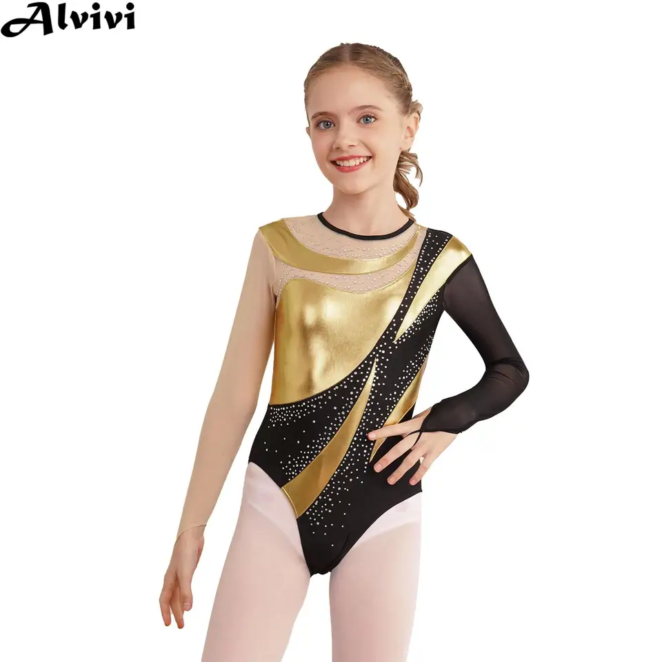 Detské dievča krasokorčuľovacie baletné tanečné gymnastiku trikot s dlhým rukávom lesklý číry sieť