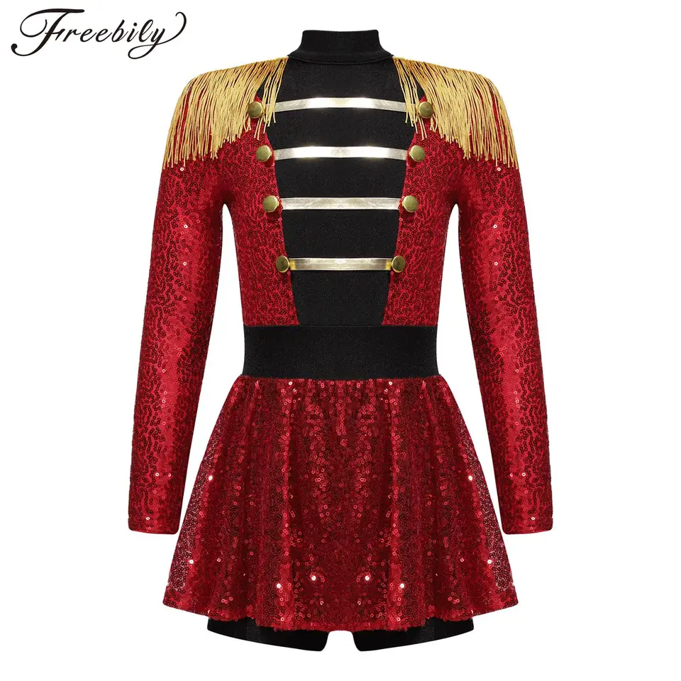 Detské dievčatá cirkusový ringmaster kostým lesklé flitry s dlhým rukávom Tassel Dance šaty Halloween cosplay americký bicie kostým