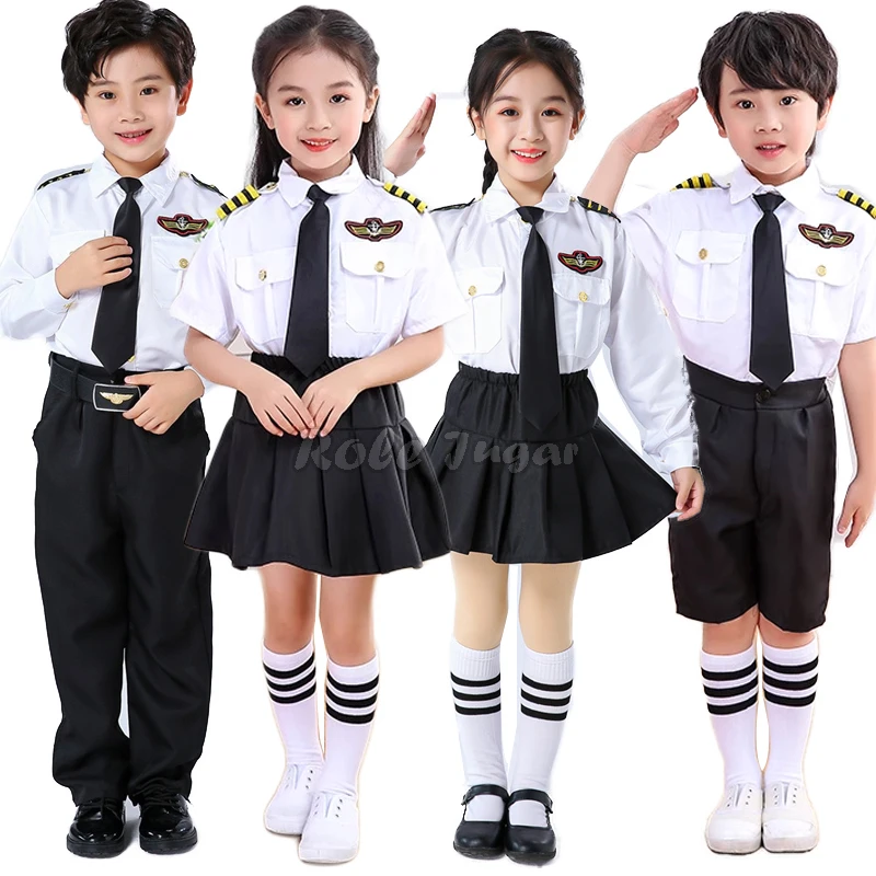 Detské dievčatá Dievčatá Air Force Pilot Uniform Cosplay kostým Halloween Karneval Performance Performance letušky kapitán outfits