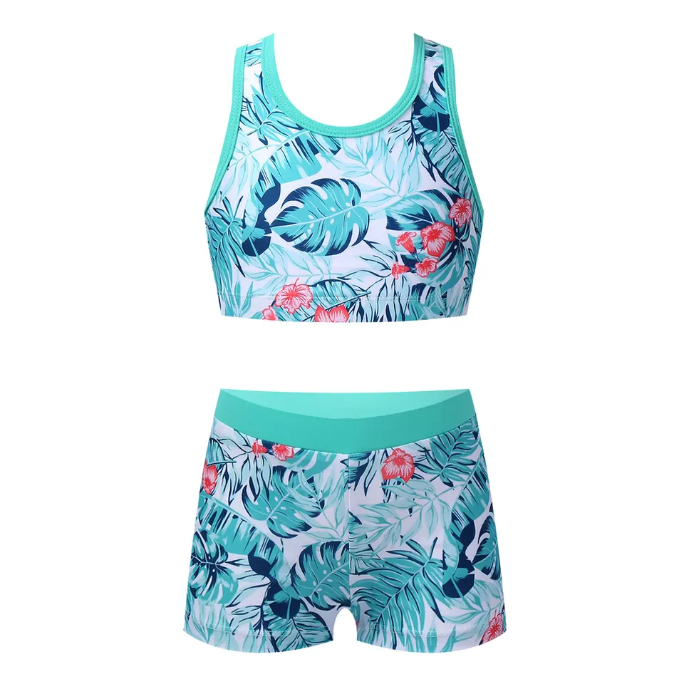 Detské dievčatá dva kusy plavky plavky plavky na plavky tankinis bikiny súpravy bez rukávov Tank top s boyshorts spodná časť detské plávanie oblečenie