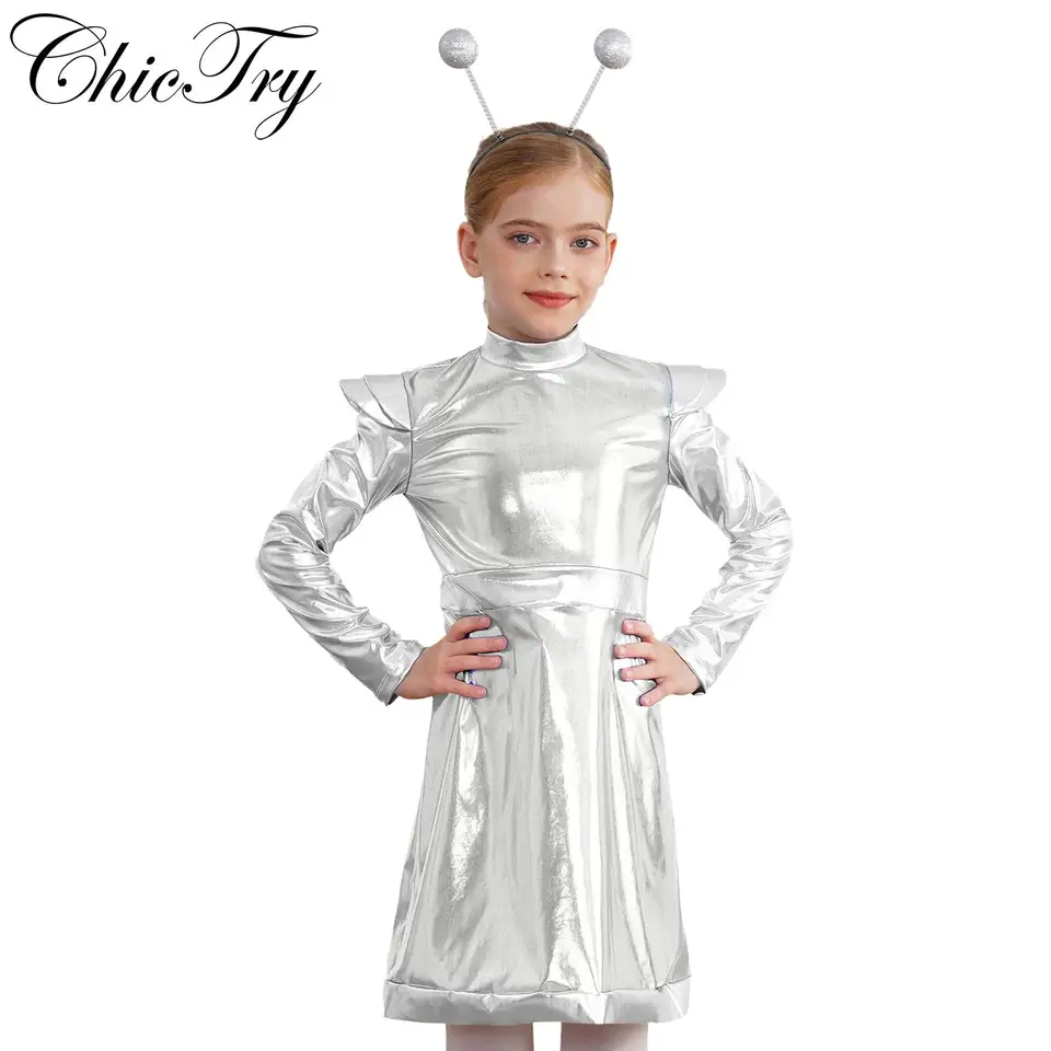 Detské dievčatá Halloween mimozemský kostým vesmír Cosplay šaty s mimozemským vlasovým obruč