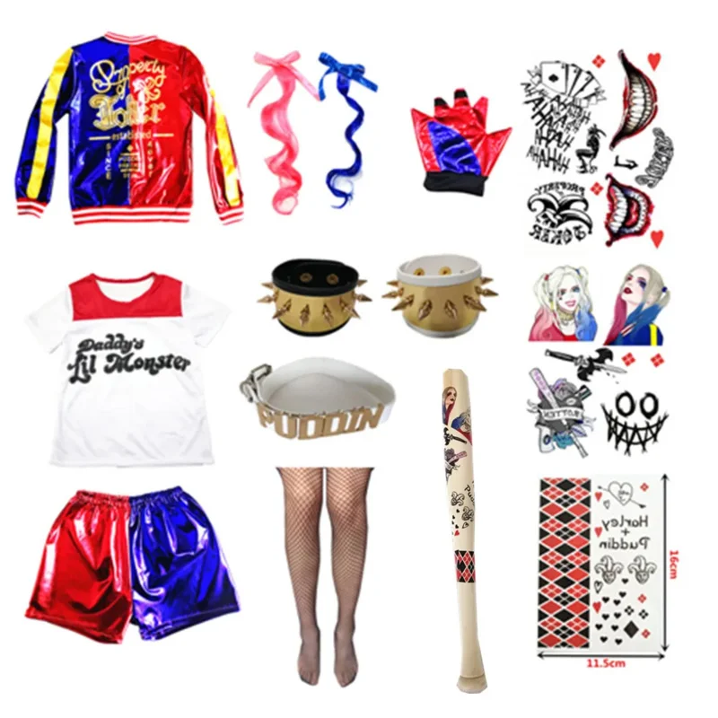 Detské dievčatá Harley Suicide Costyes Cosplay Quinn Squad bunda nohavice Monster Tričko Sets Party Clothes OA5260