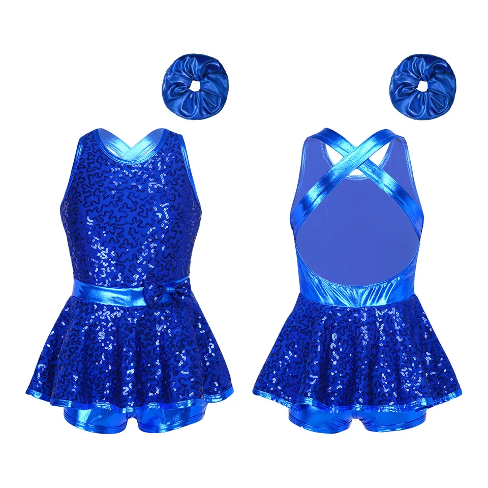 Detské dievčatá jazzový tanec Performance kostým baletný trikot šaty lesklé flitry bez rukávov Criss Cross Cross Back Bowknot Ertfit Outfit