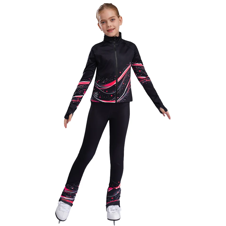 Detské dievčatá krasokorčuľovanie súpravy športových outfitov stojan na golier s dlhým rukávom tlačenou bundou mikiny s leggingmi gymnastika obleky