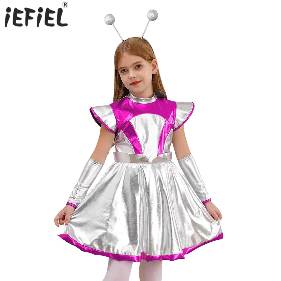 Detské dievčatá mimozemský kostým Halloween vesmír Cosplay šaty bez rukávov A-line kovové šaty súpravy tematického oblečenia