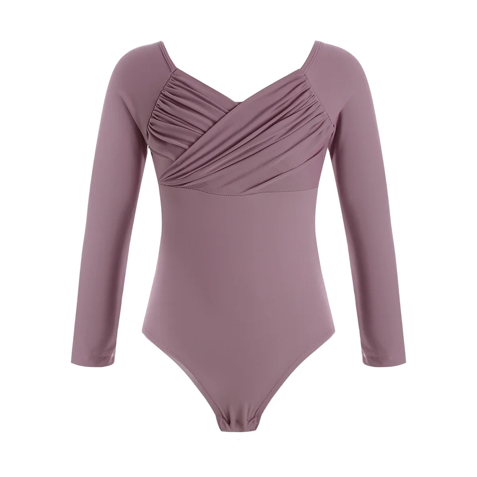 Detské dievčatá s dlhým rukávom Baletný trikot Jersey Roched sieťovina Patchwork BodySuit zahrievanie baletu tanečný prax
