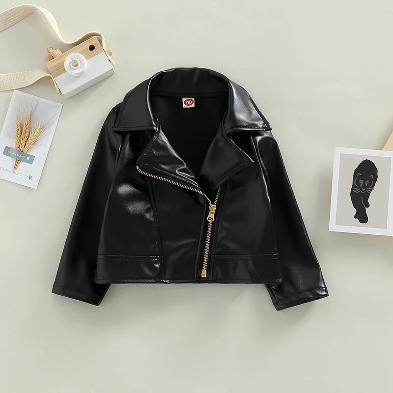 Detské dievčatá Solid Color PU kožená bunda s dlhým rukávom s dlhým rukávom Turning Collar Zipper Uzavretie Príležitostné odevy na 1 roky až 5 rokov
