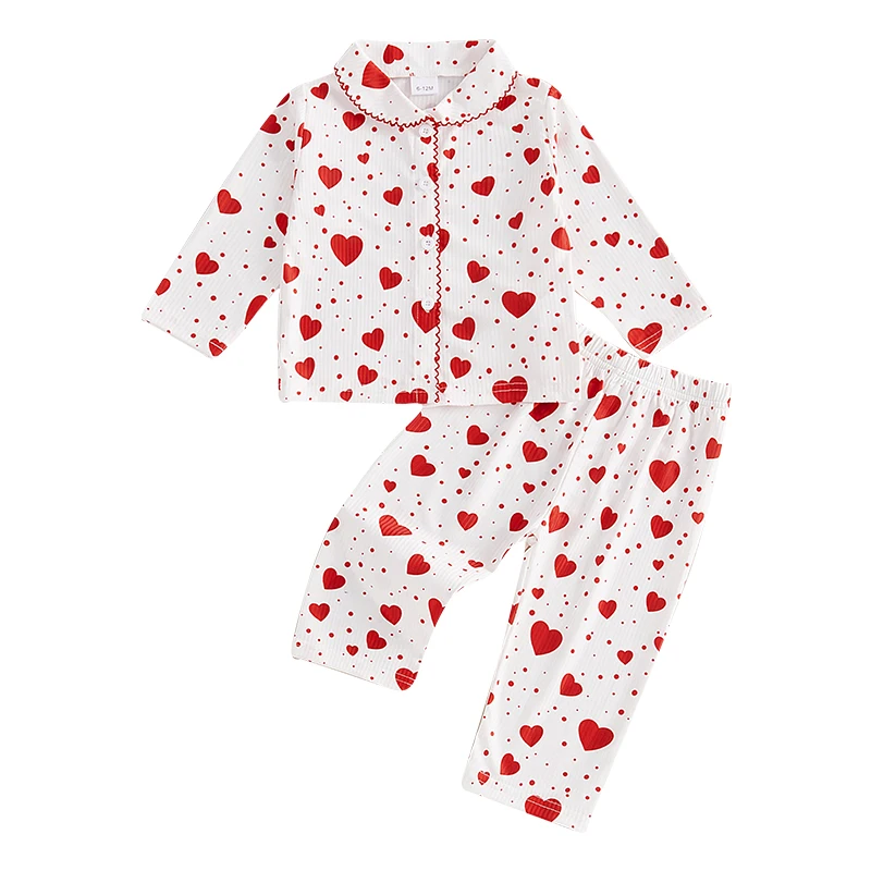 Detské dievčatá Valentínske pyžamy nastavené srdce Tlač dlhých rukávov košeľa a elastické nohavice pre loungewear Sleewear