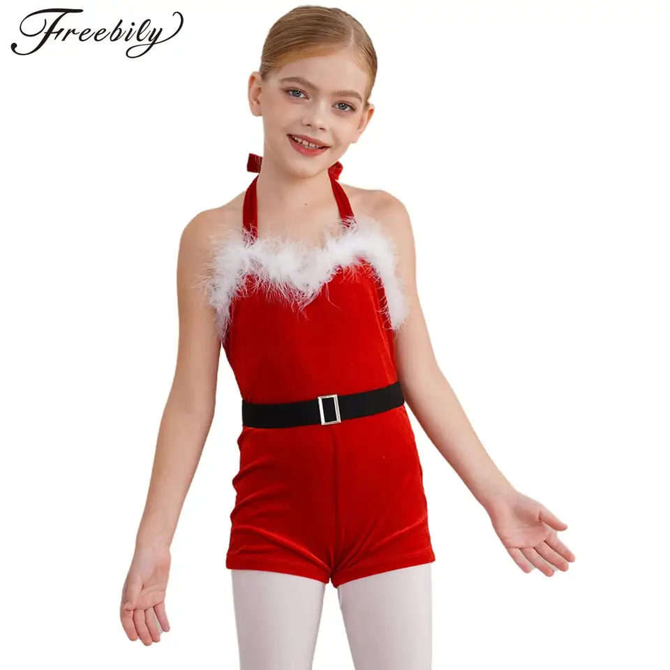 Detské dievčatá vianočný kostým Miss Santa Claus trikot kombinézy Unitard vianočné luxusné Drss up santa elf obleky