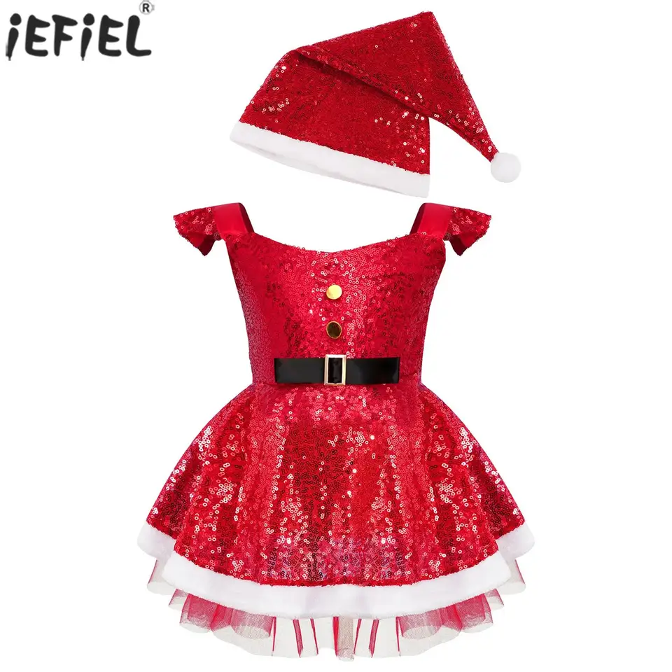 Detské dievčatá vianočný škriatok kostým lesklé flitre vianočné šaty Santa Clause s klobúkom Nový rok karnevalové večierky Performance Dancewear