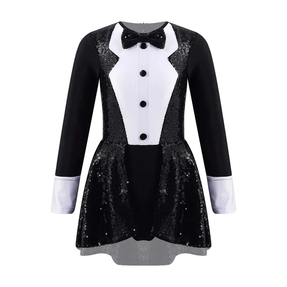 Detské dievčenské flitry Latinský jazzový tanečný kostým dlhé rukávy Bowtie Tuxedo Leotard for Gymnastics Balet Stage Dancewear