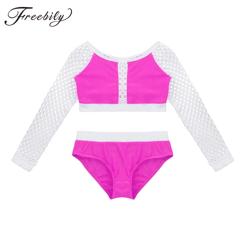 Detské dospievajúce dvojdielne tanečné kostýmy Girls Girls Long Fish Net Ruckve Top s nohavičkami Dance Wear Stage Gymnastics Balet Balet